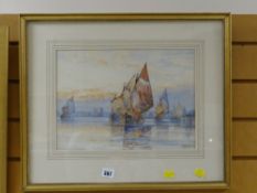 Framed watercolour of sailboats entitled 'Venice' by F J ALDRIDGE