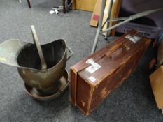 Two-handled copper pan, a metal coal helmet & vintage brown leather suitcase
