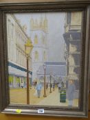 An oil on board by G PRITCHARD - Cardiff street scene with St John's church