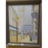 An oil on board by G PRITCHARD - Cardiff street scene with St John's church