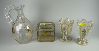 A pair of continental gilt & floral decorated vases, a gilt decorated casket & gilt & decorated jug
