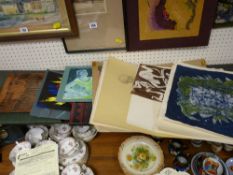 Quantity of mostly unframed artwork and sketches, a SPENCE originals geometric decorated panel, a