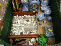 Box of mixed items including thimble collection etc, good Wedgwood Jasperware, Portmeirion etc