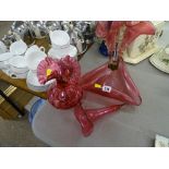 Victorian cranberry glass table epergne (incomplete) and a frilly top vase