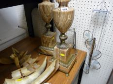 Pair of heavy mineral and brass table lamps and a bone sculpture etc