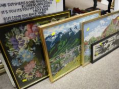 Quantity of woolwork pictures and a vintage wall mirror
