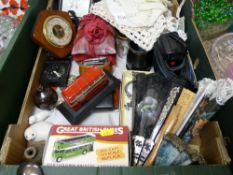 Box of collectable and ornamental items including diecast models, barometer, fans, linen etc