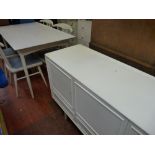 Habitat style white extending dining table, four chairs and matching sideboard