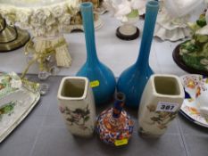 Pair of Satsuma vases, an Imari bottle vase and a pair of turquoise pottery bottle vases