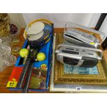 Boxed badminton set, two tennis racquets, two framed pictures and prints and two portable radios