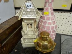 Bone pagoda shaped ornament, brass Oriental bell etc