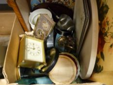 Box of miscellaneous items including carriage clock, mirrors etc