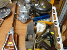 Mixed parcel of items including Stanley plane, copper kettle, electroplate, shooting stick etc