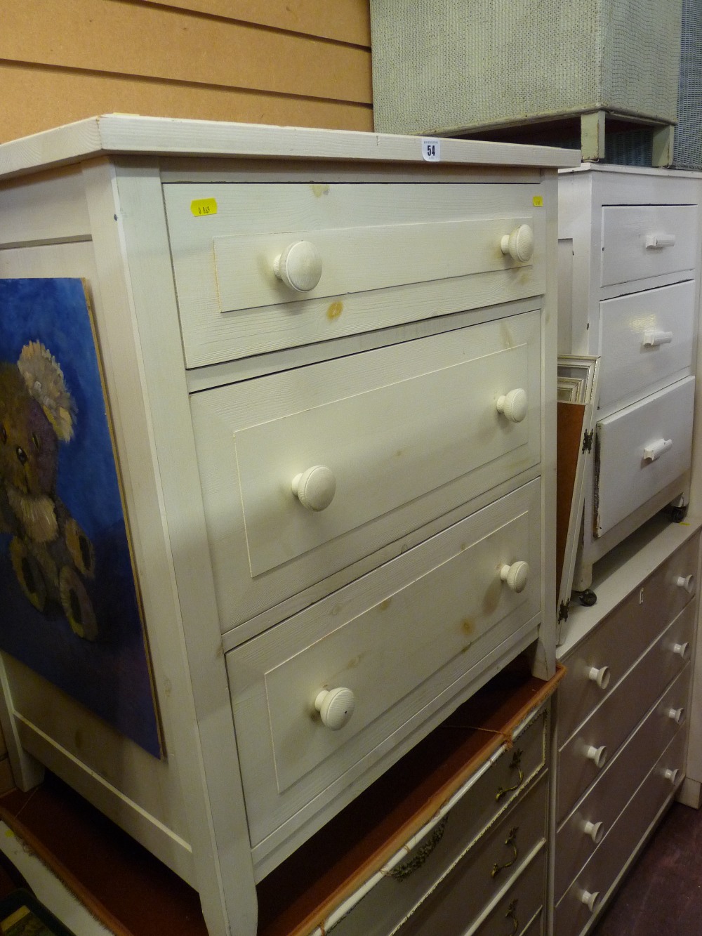 Pine three drawer paintwashed chest