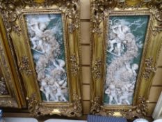 Pair of gilt framed composition pate-sur-pate type panels of cherubic figures