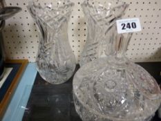 Pair of waisted heavy glass vases and similar glass items