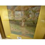 JOHN POTTINGER? gilt framed watercolour study - young woman with child before a thatched roof