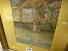 JOHN POTTINGER? gilt framed watercolour study - young woman with child before a thatched roof