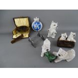 Pair of EP knife rests, RAC car badge, quantity of Westie figurines etc