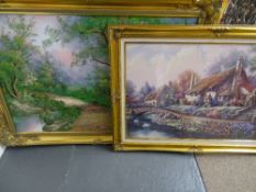 Gilt framed oil on board - study of trees along a footpath and a framed print - thatched cottages