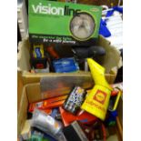 Two boxes of garage items including a Shell lubricant oil measure etc