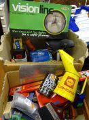 Two boxes of garage items including a Shell lubricant oil measure etc