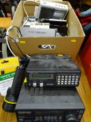 Box containing a Realistic Pro-2022 200 channel UHF AM/FM scanner, a Yaesu communications receiver