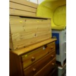 Modern pine three drawer chest, painted loom style armchair and small pine box