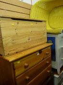 Modern pine three drawer chest, painted loom style armchair and small pine box