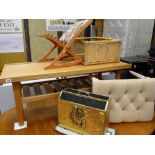 Parcel of two tier coffee table, small 'X' frame seat, dressing stool, brass fronted magazine rack