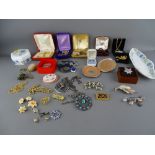 Collection of costume jewellery, a white metal bookmark and two Wedgwood pottery 'Clementine'