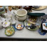 Mixed group of collectables including a green beret, small selection of costume jewellery, pottery