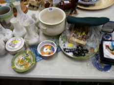 Mixed group of collectables including a green beret, small selection of costume jewellery, pottery