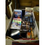 Box of DVDs, music CDs, small electricals etc