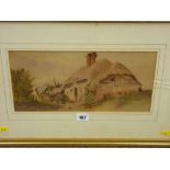 Mid 19th Century School watercolour - thatched cottage, unsigned, 17 x 34 cms