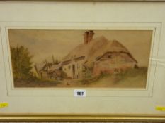 Mid 19th Century School watercolour - thatched cottage, unsigned, 17 x 34 cms
