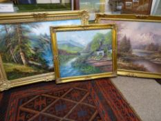 Two oils on canvas and one on board - gilt framed export paintings