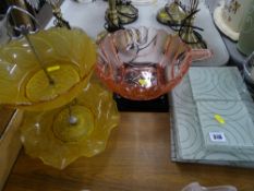 Art Deco amber glass fruit stand, good pink glass bowl on stand (same period) and a modern set of