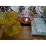 Art Deco amber glass fruit stand, good pink glass bowl on stand (same period) and a modern set of