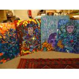 JOHN CHERRINGTON four colourful psychedelic portrait studies, signed and dated 1980s