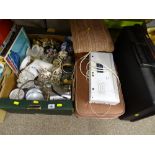 Box of vintage collectables, two footstools, a Delsey briefcase etc