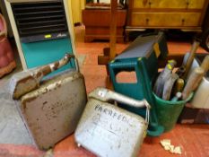 Vintage Eversure Fillacan petrol can, another petrol can, an Aladdin paraffin heater and garden