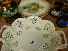 Creamware basket, three Royal Devon plates and three fine copper lustre jugs