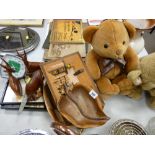 Two soft toys, quantity of treen, framed prints, vintage clock etc