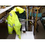 Two folding camping chairs and a table, a quantity of walking sticks, a Warrior hi-viz jacket etc