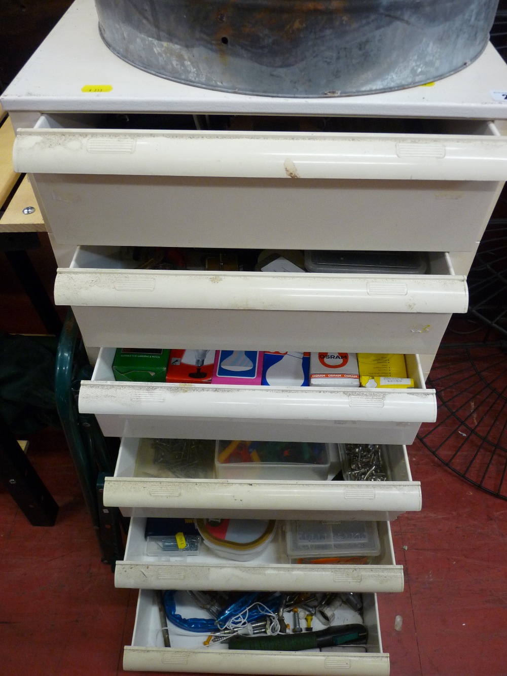 Pair of white plastic stacking drawers and contents of garage items and fixings etc