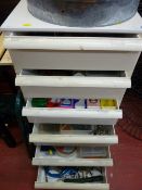 Pair of white plastic stacking drawers and contents of garage items and fixings etc