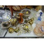 Mixed collection of EP, brass and copper metalware with two vintage glass dressing table sets