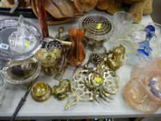 Mixed collection of EP, brass and copper metalware with two vintage glass dressing table sets
