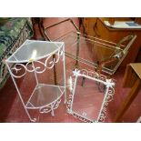 Brass effect drinks wagon with glass shelves, a corner metal white painted whatnot and metal and